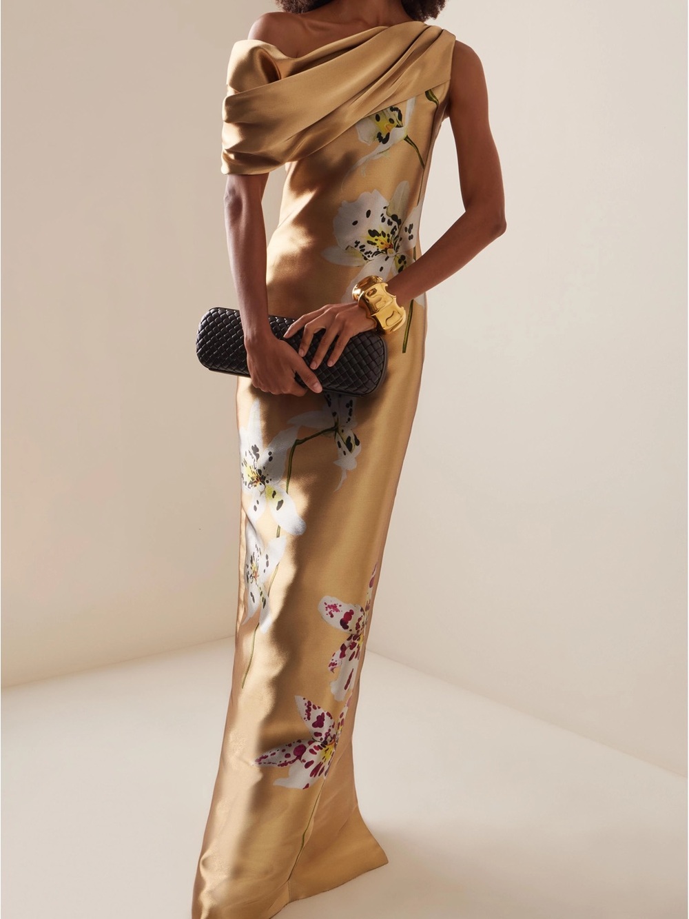 Satin Asymmetrical Neck Floral Maxi Dress